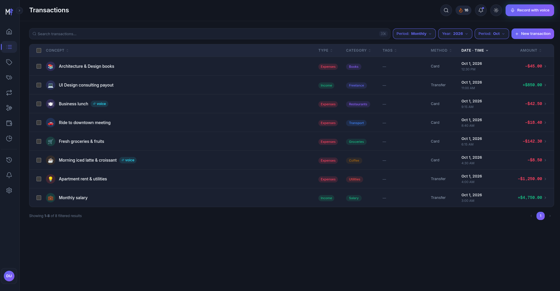 Money Tracker screenshot - Transactions Log
