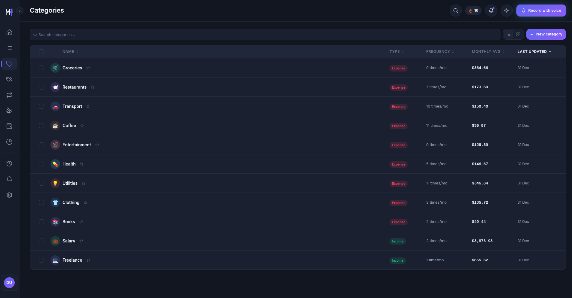 Money Tracker screenshot - Categories Management