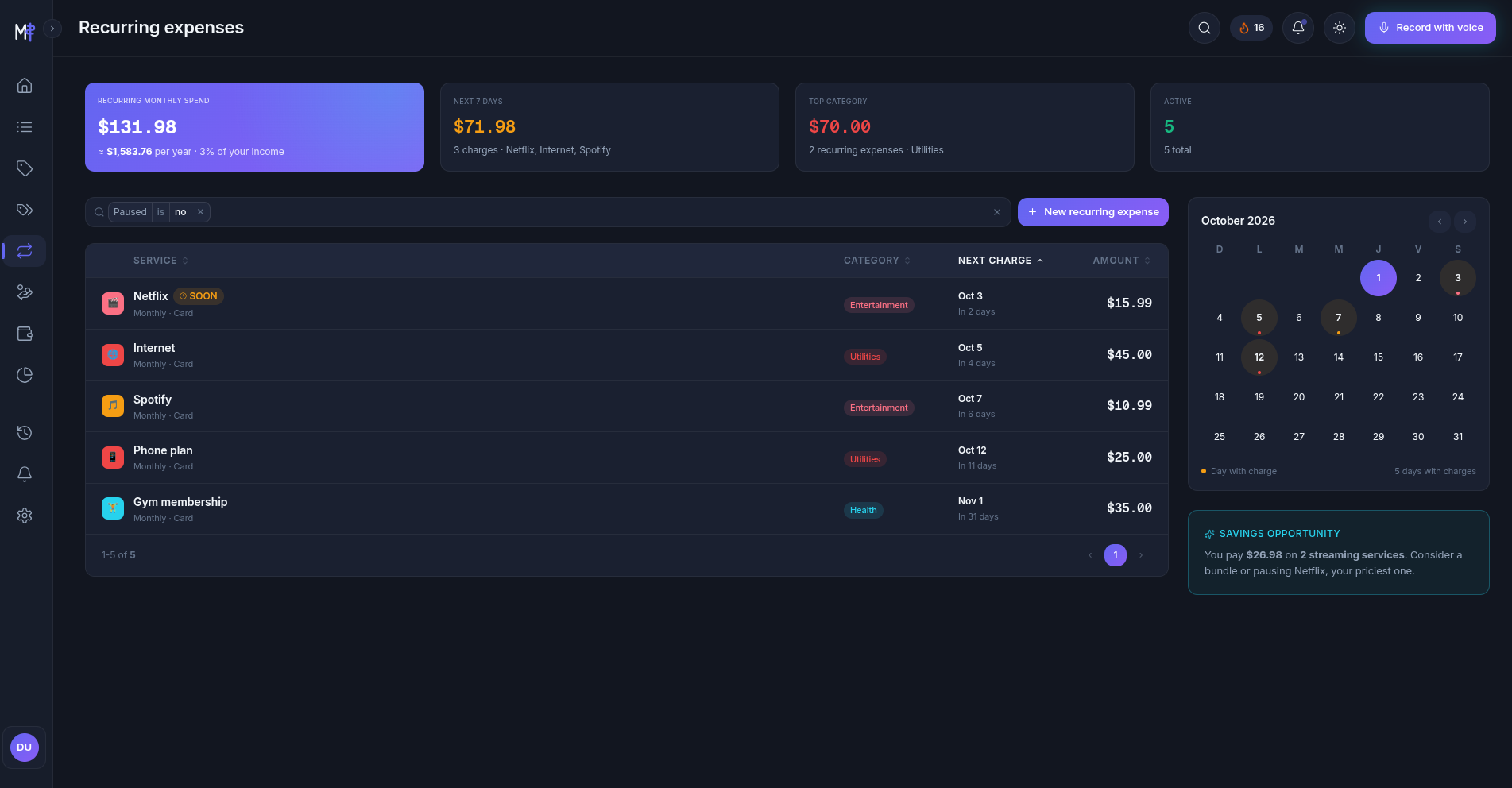 Money Tracker screenshot - Recurring Expenses