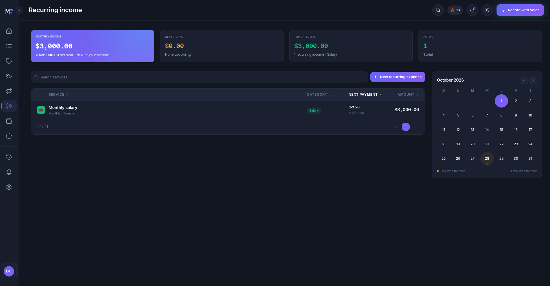 Money Tracker screenshot - Recurring Income