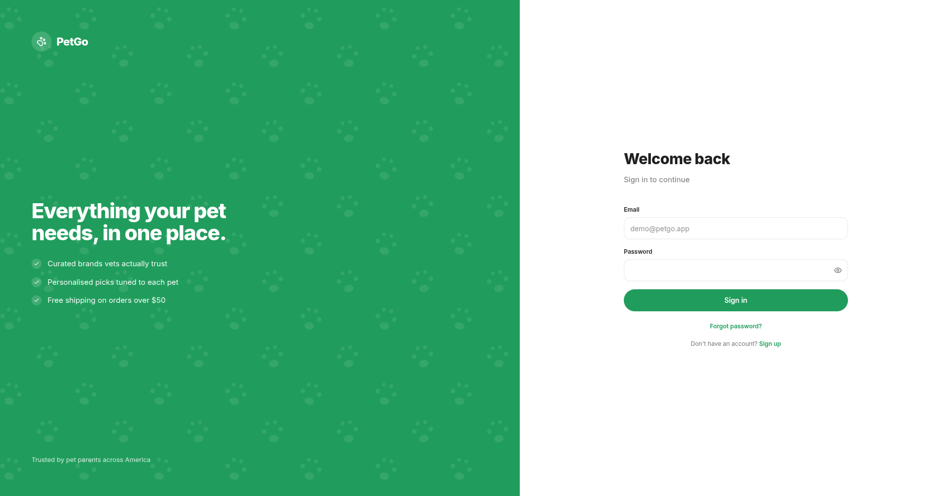 PetGo screenshot - Authentication