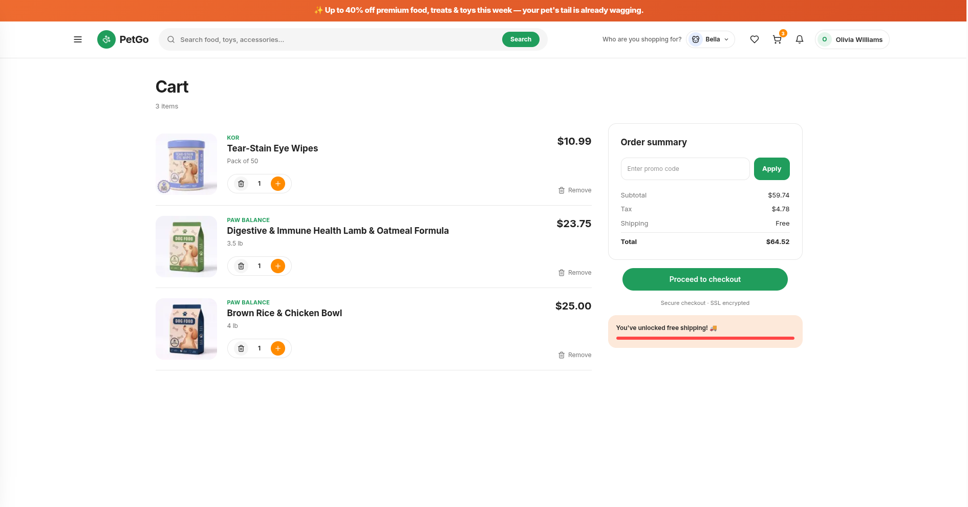 PetGo screenshot - Guest & Account Cart